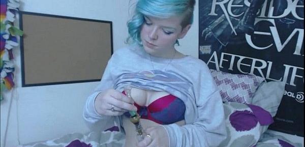  Sexy bluehaired smoking weed and showing herself